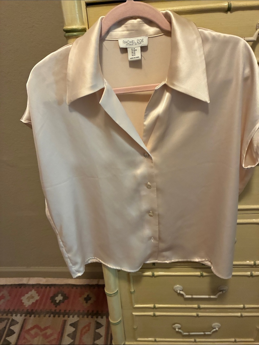 Rachel Zoe Pale Blush Satin Short-Sleeve Button-Up Blouse